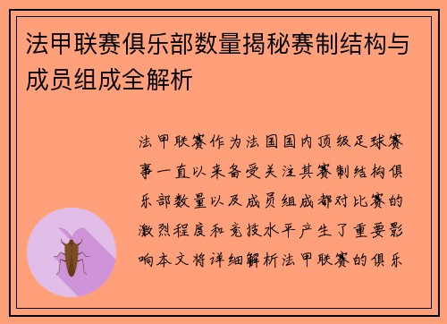 法甲联赛俱乐部数量揭秘赛制结构与成员组成全解析
