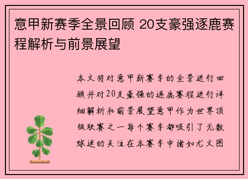 意甲新赛季全景回顾 20支豪强逐鹿赛程解析与前景展望