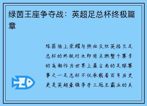 绿茵王座争夺战：英超足总杯终极篇章