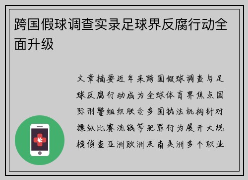 跨国假球调查实录足球界反腐行动全面升级